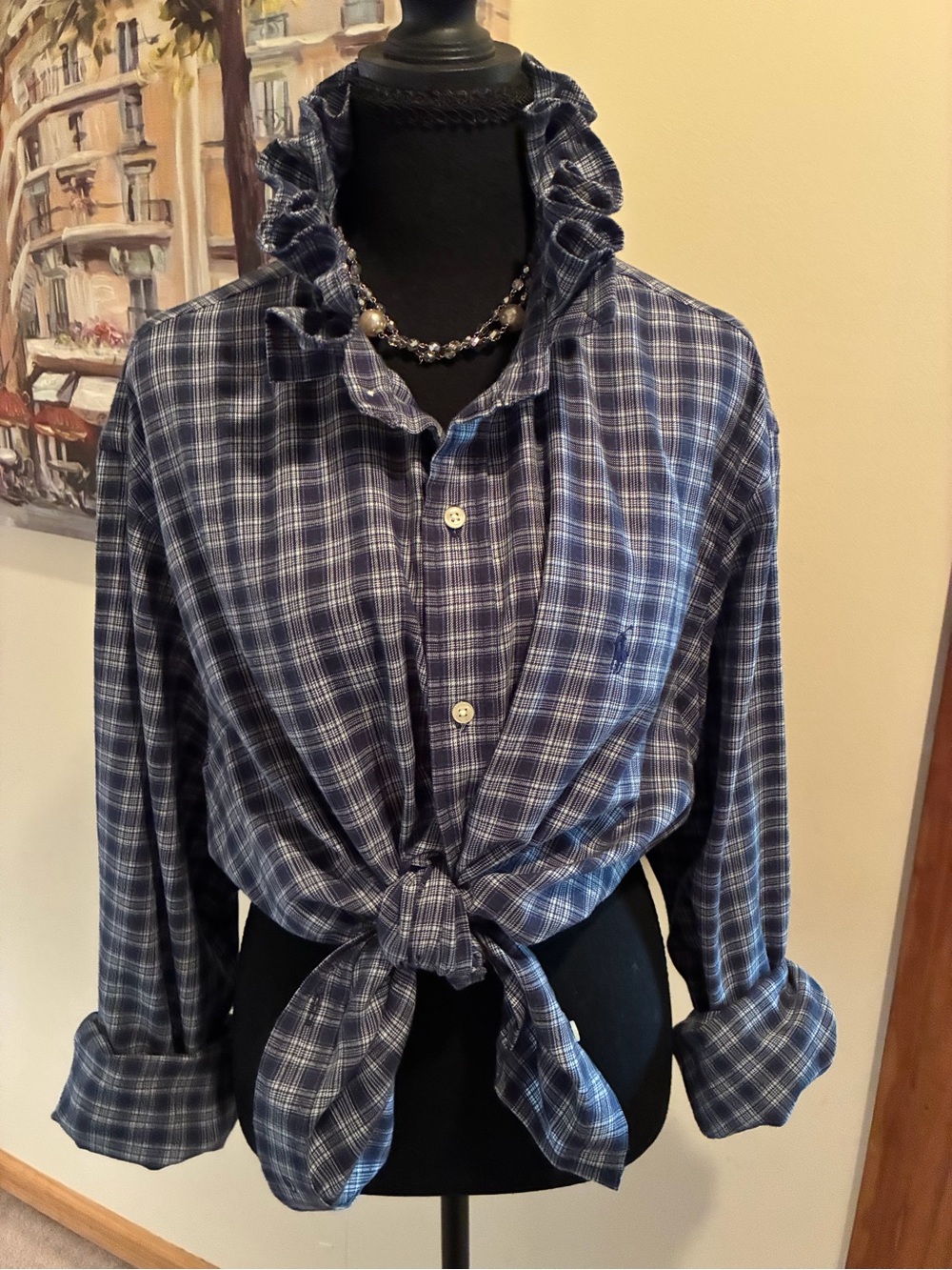 Ralph Lauren Blue Plaid Ruffle-Collar Tie-Front Shirt